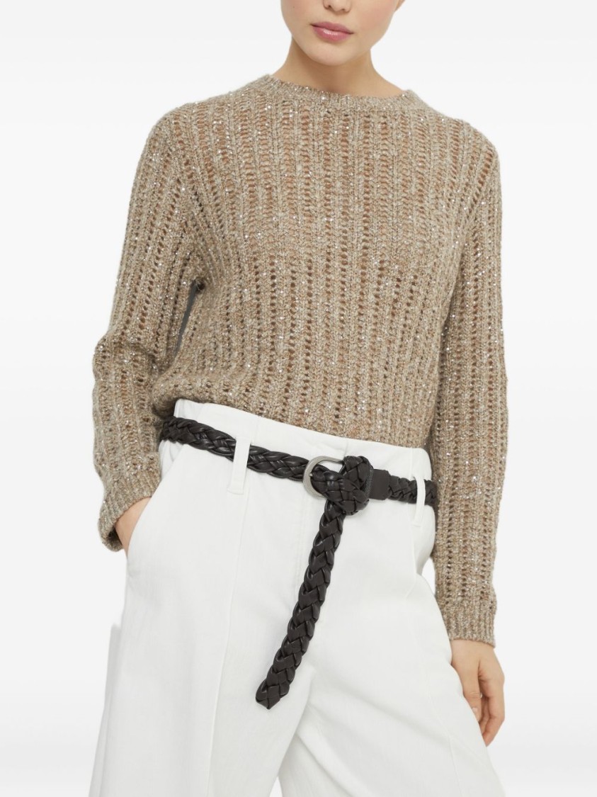 Brunello Cucinelli Textured Ribbed Sweater With Shimmering Threads In Brown