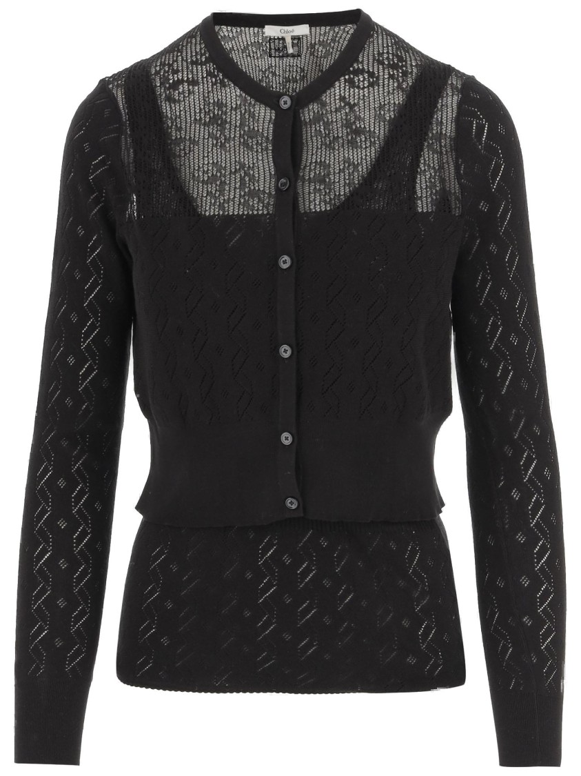 Chloé Transparent Design Cotton Sweater With Front Button Closure In Black