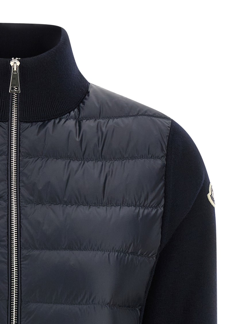 Moncler Two-material Cardigan With High Neck And Zip Closure In Blue