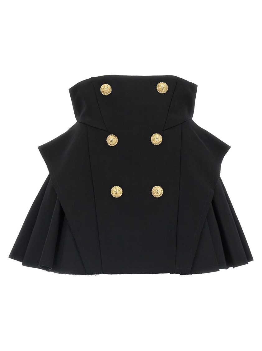 Balmain Button-embellished Pleated Grain De Poudre Wool Mini Skirt In Black