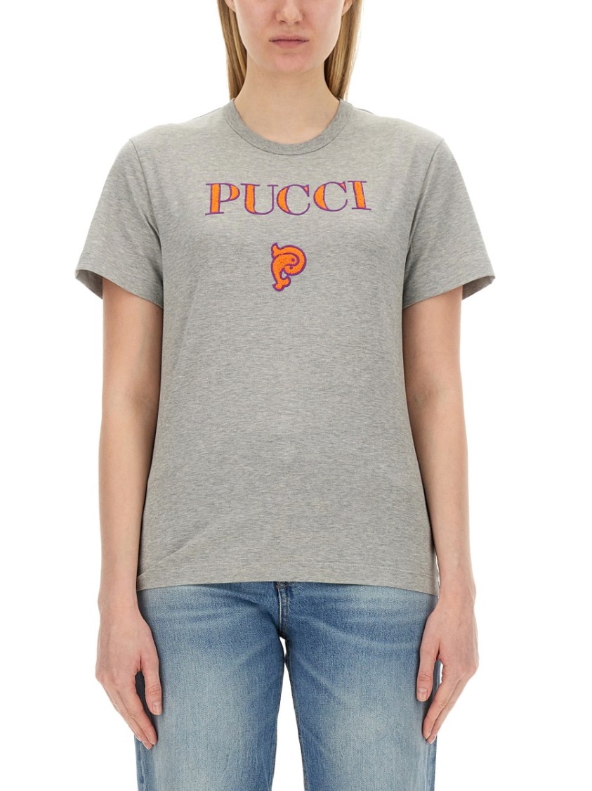 Pucci Grey Logo T-shirt With Classic Crew Neckline In Grey