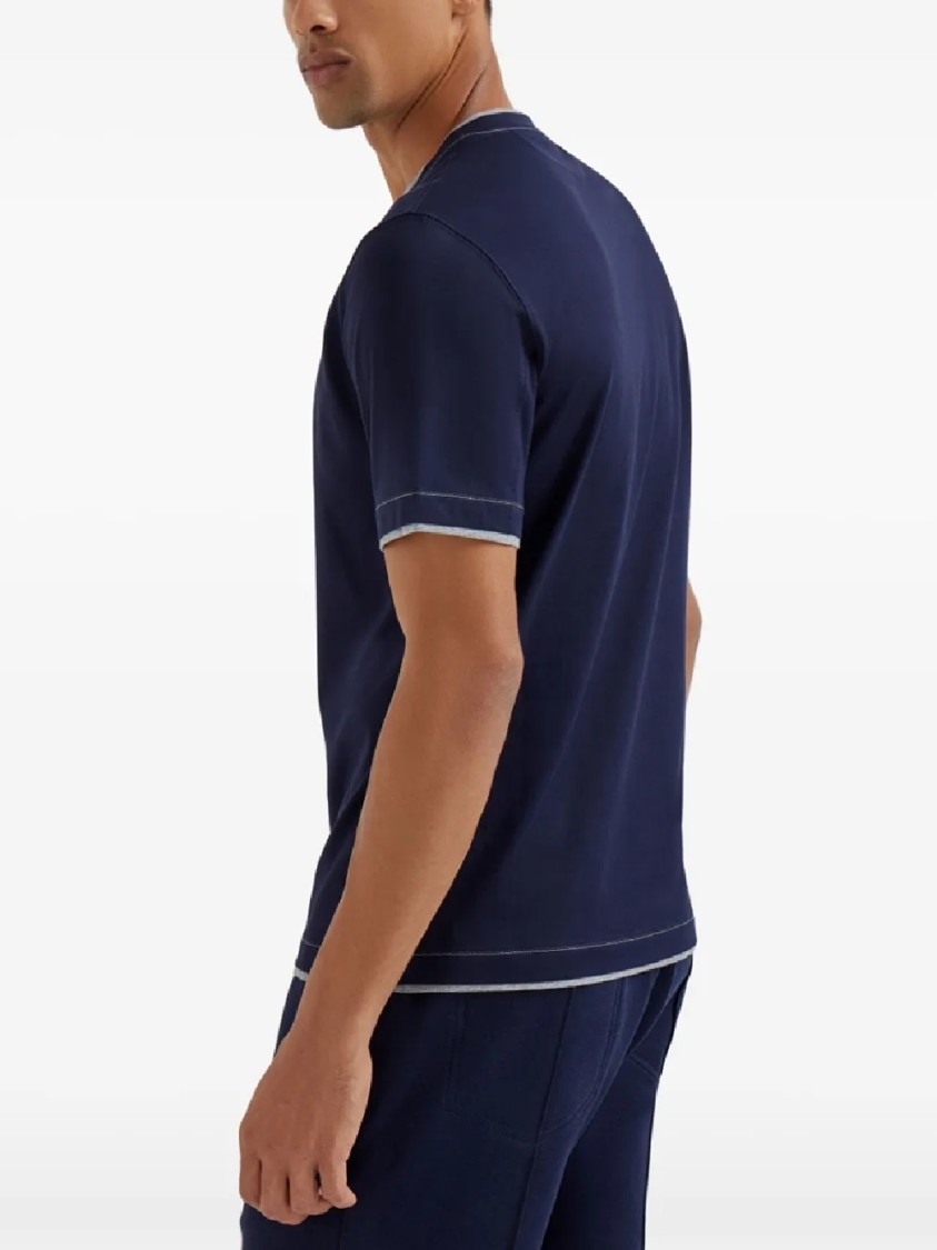 Brunello Cucinelli Short-sleeved Crew Neck T-shirt With Contrasting Stitching In Blue
