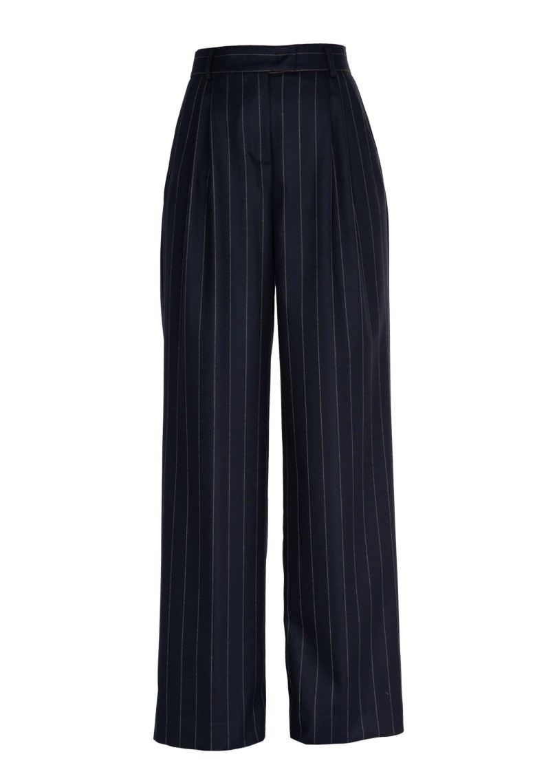 Vicario Cinque Wide-leg Pinstriped Stretch Flannel Trousers With Pleats In Blue