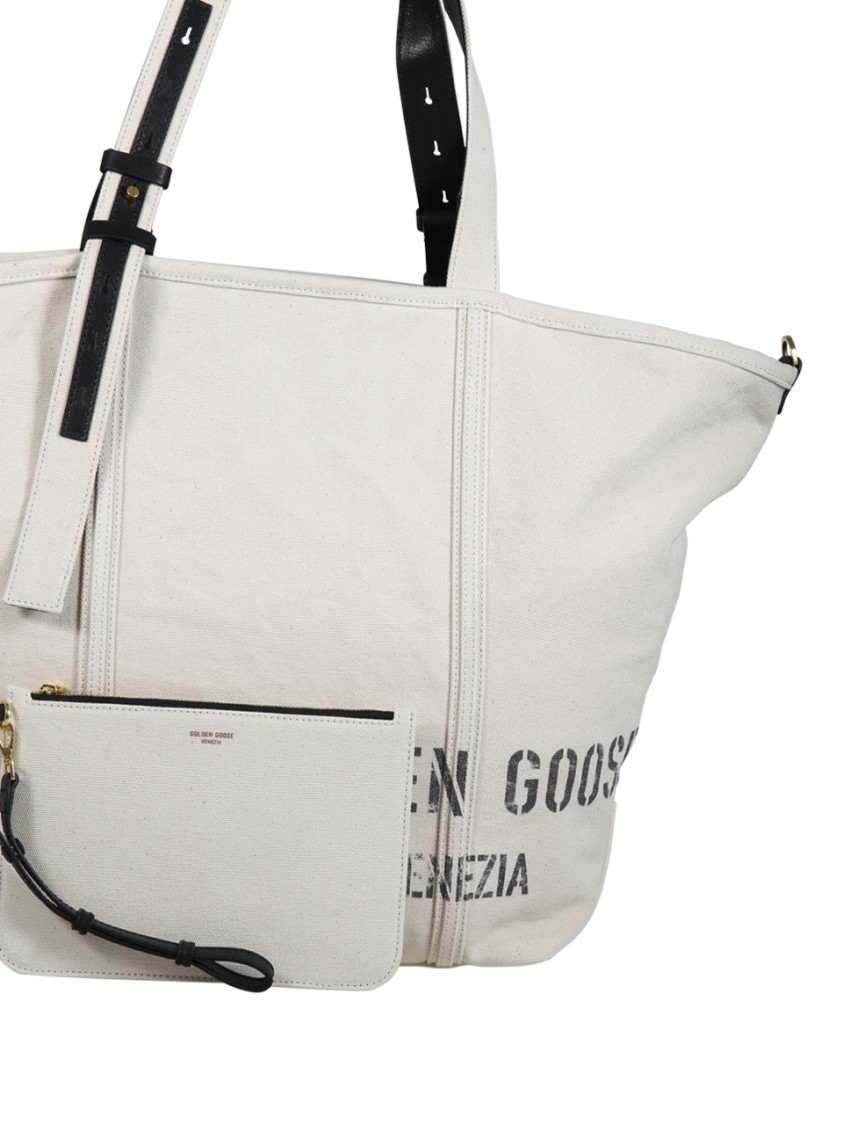 Golden Goose Spacious Beige Handbag With Dual Handles And Adjustable Strap In White