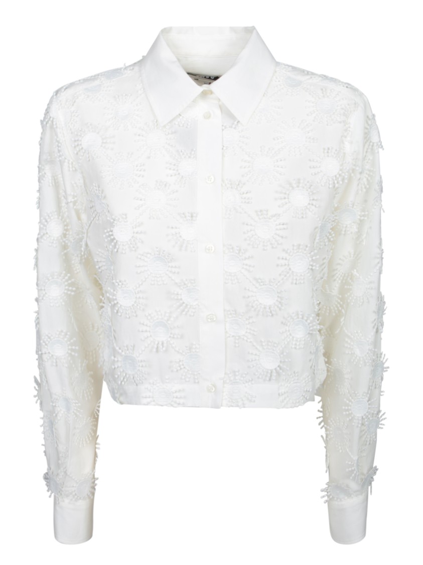 Msgm Cropped White Shirt With Floral Embroidery In White