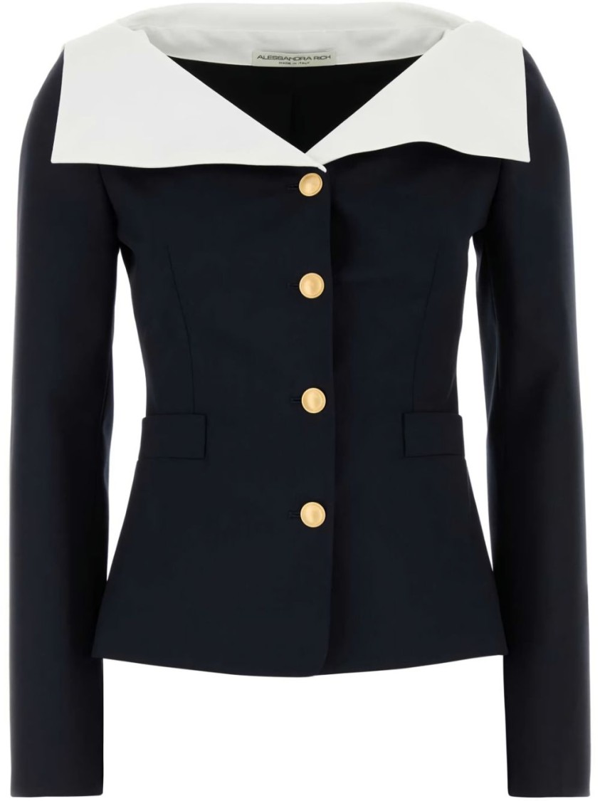Alessandra Rich Tailored Blue Jacket With Oversized Collar In Animal Print