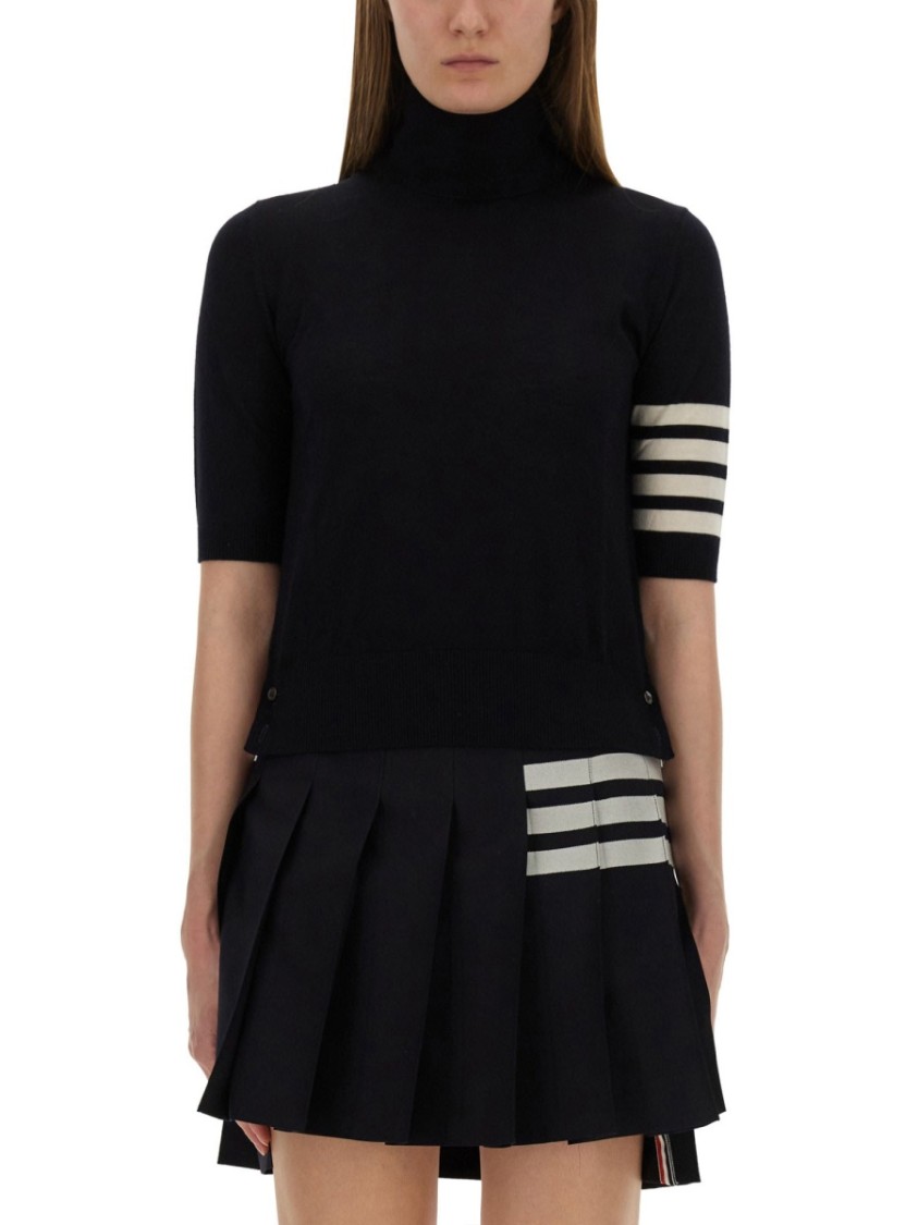 Thom Browne Black Short Sleeve Sweater With 4-bar Detail In Wool Woman