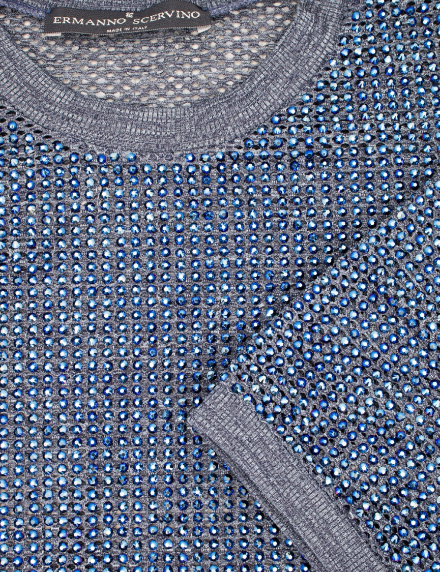 Shop Ermanno Scervino Dark Denim Melange T-shirt With Crystal Appliques