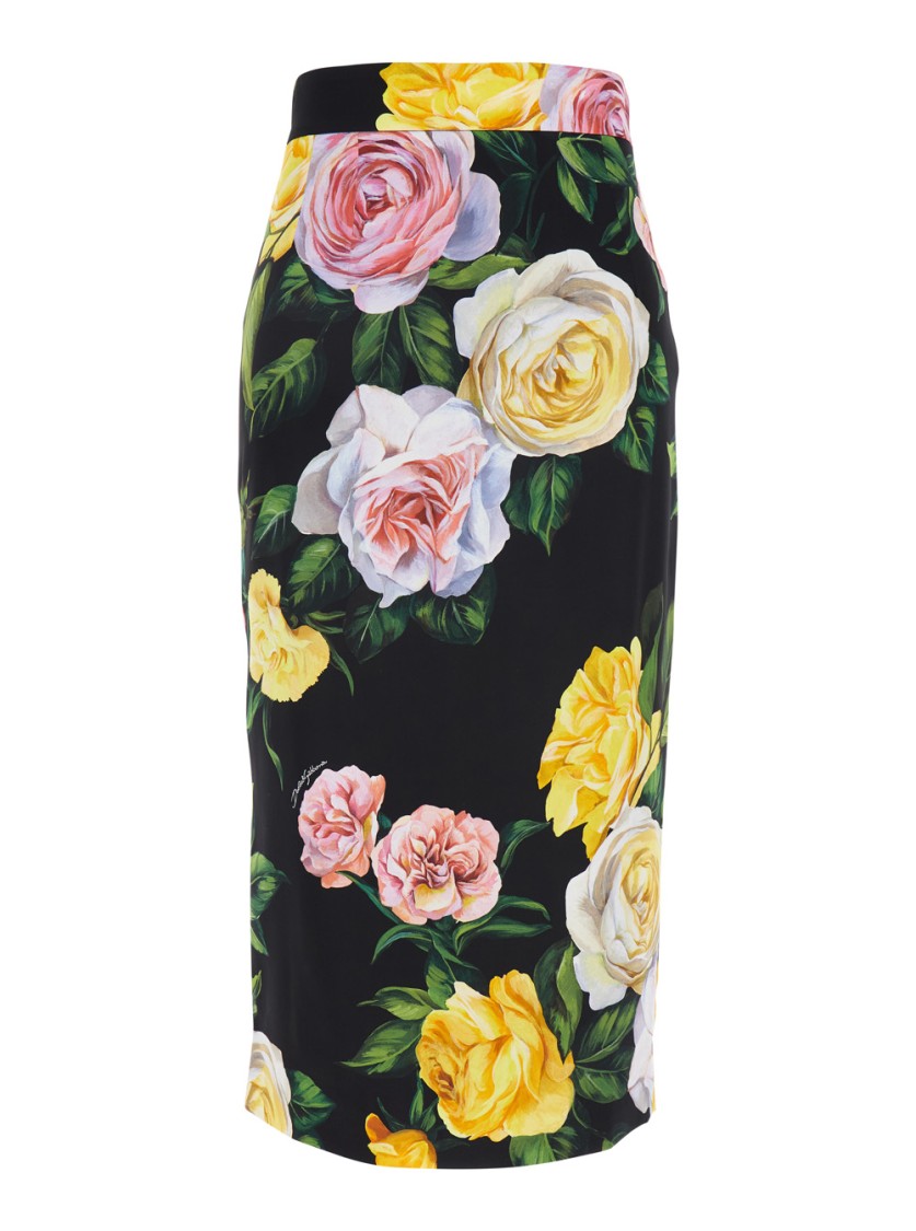 Shop Dolce & Gabbana All-over Floral Print Silk Black Midi Skirt In Multicolor