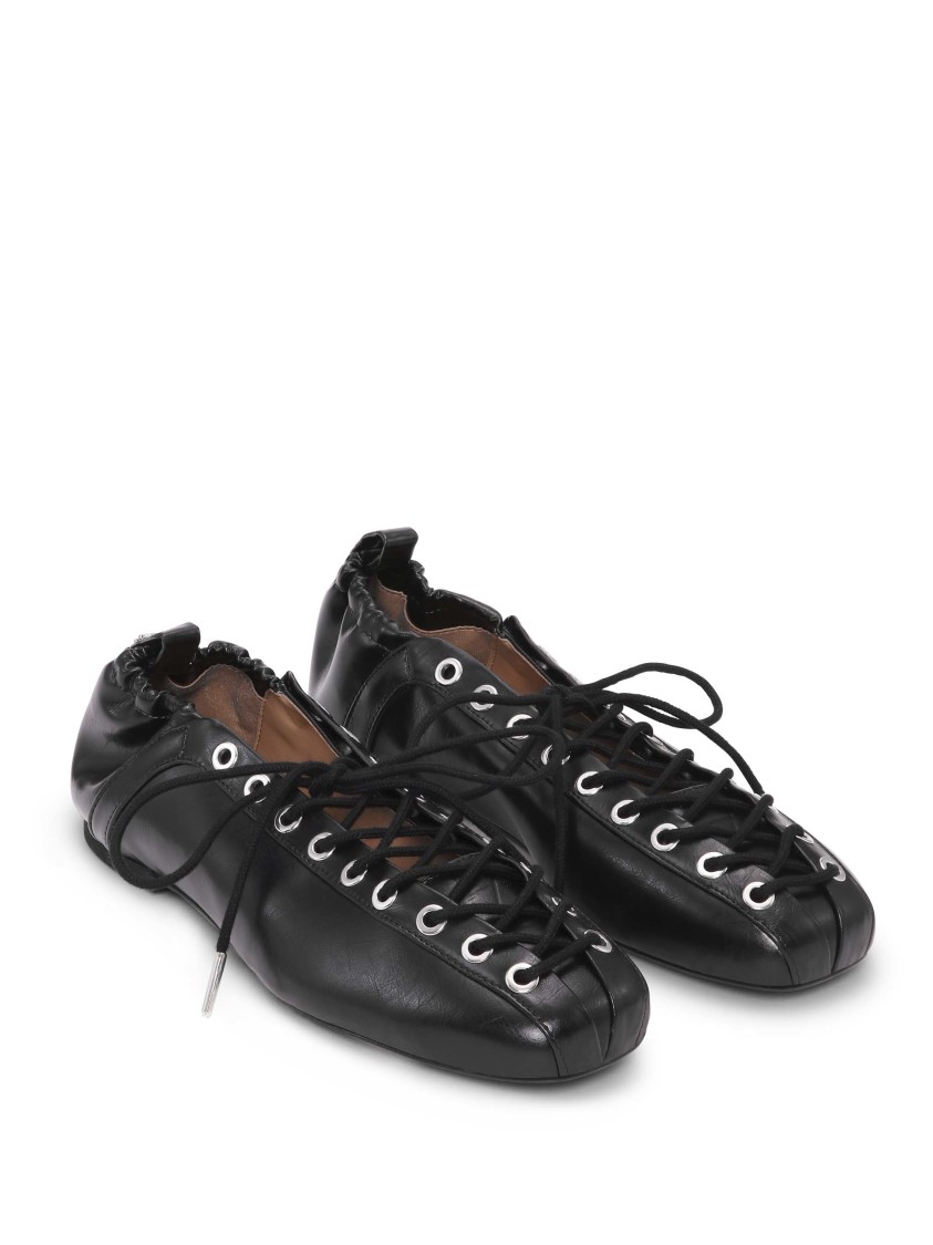 Ganni Eyelets Lace-up Ballerina Flats With Crinkle Oleatex Finish In Black