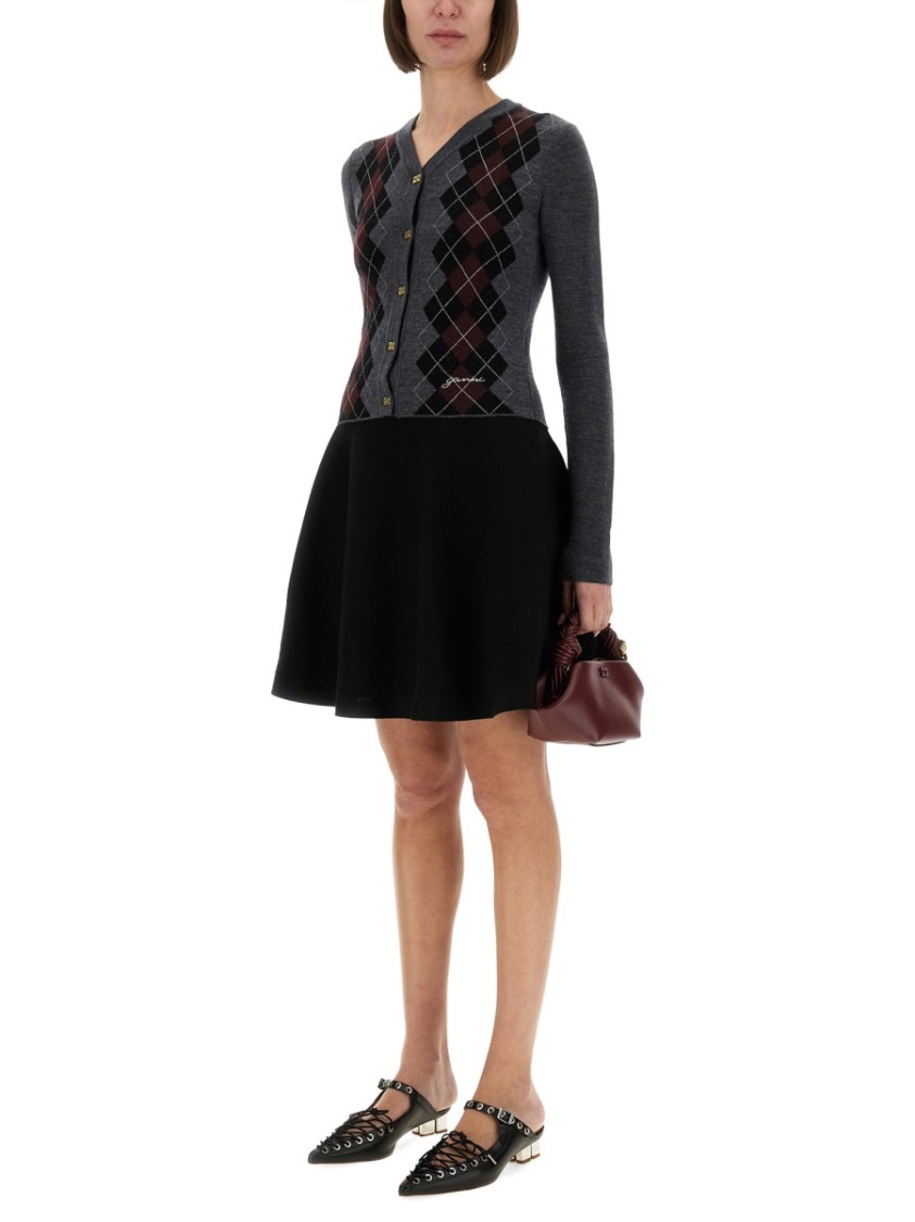Ganni Grey Sweater With Classic Collar And Check Motif On The Front In Wool Woman In Gray