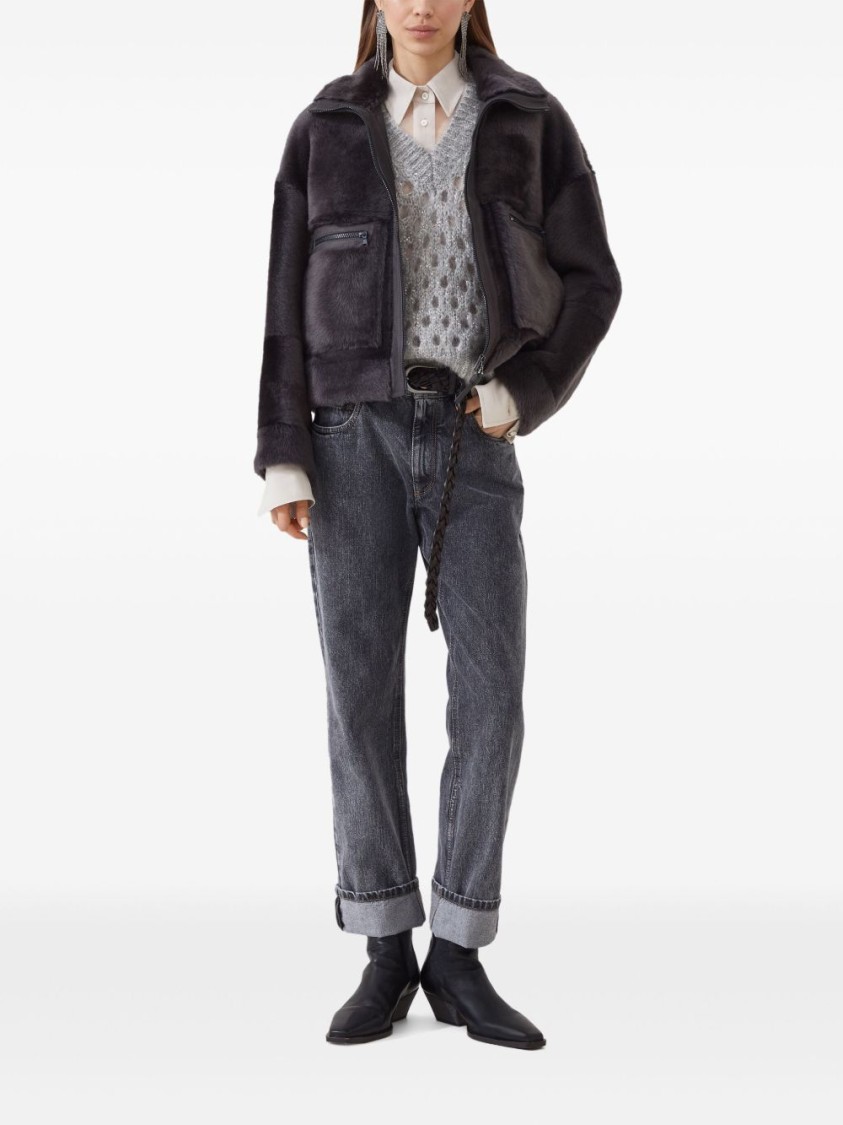 Brunello Cucinelli Open-knit Short Sleeve Sweater With V-neckline In Gray