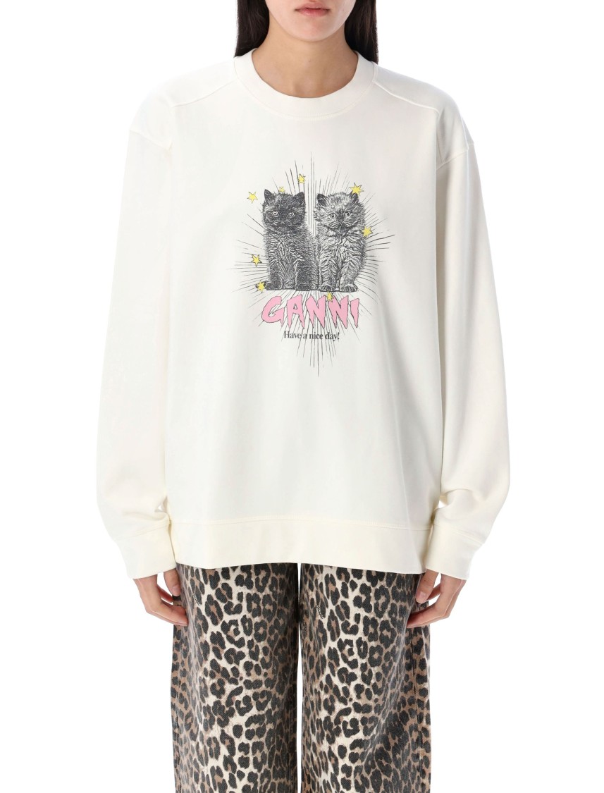 Ganni Off-white Isoli Kittens Drop Shoulder Sweatshirt In White