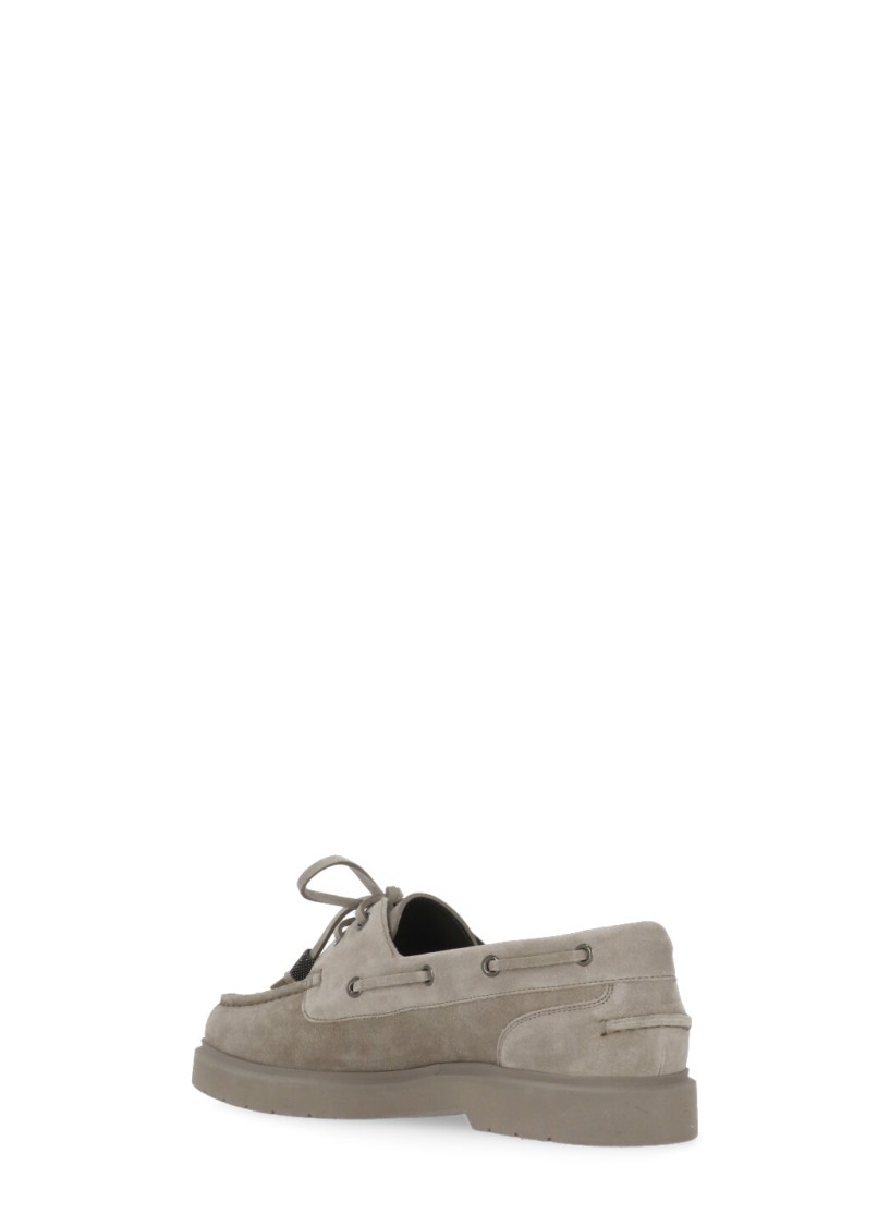Brunello Cucinelli Suede Lace-up Boat Loafer With Rubber Sole In Brown