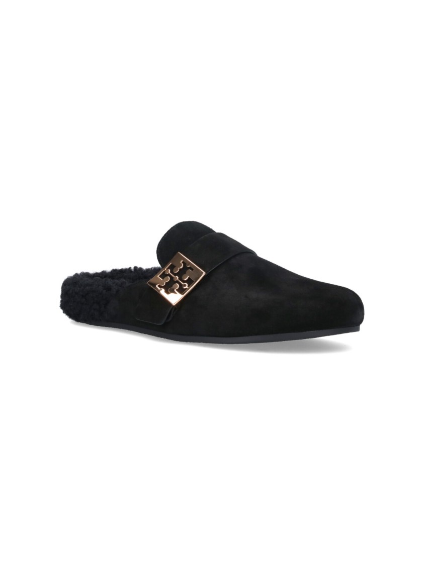 Tory Burch Mellow Logo Plaque Shearling Flat Mules In Black