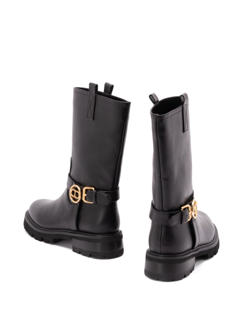 Twinset Twin-set Mid-calf Black Leather Boots With Buckle Fastening In Black