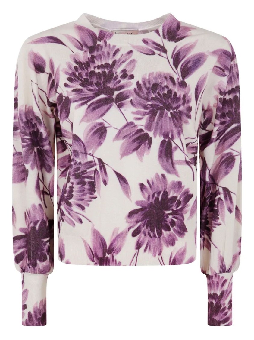 Twinset Twin-set Floral Pattern Viscose Sweater With Gathered Cuffs In Neutral