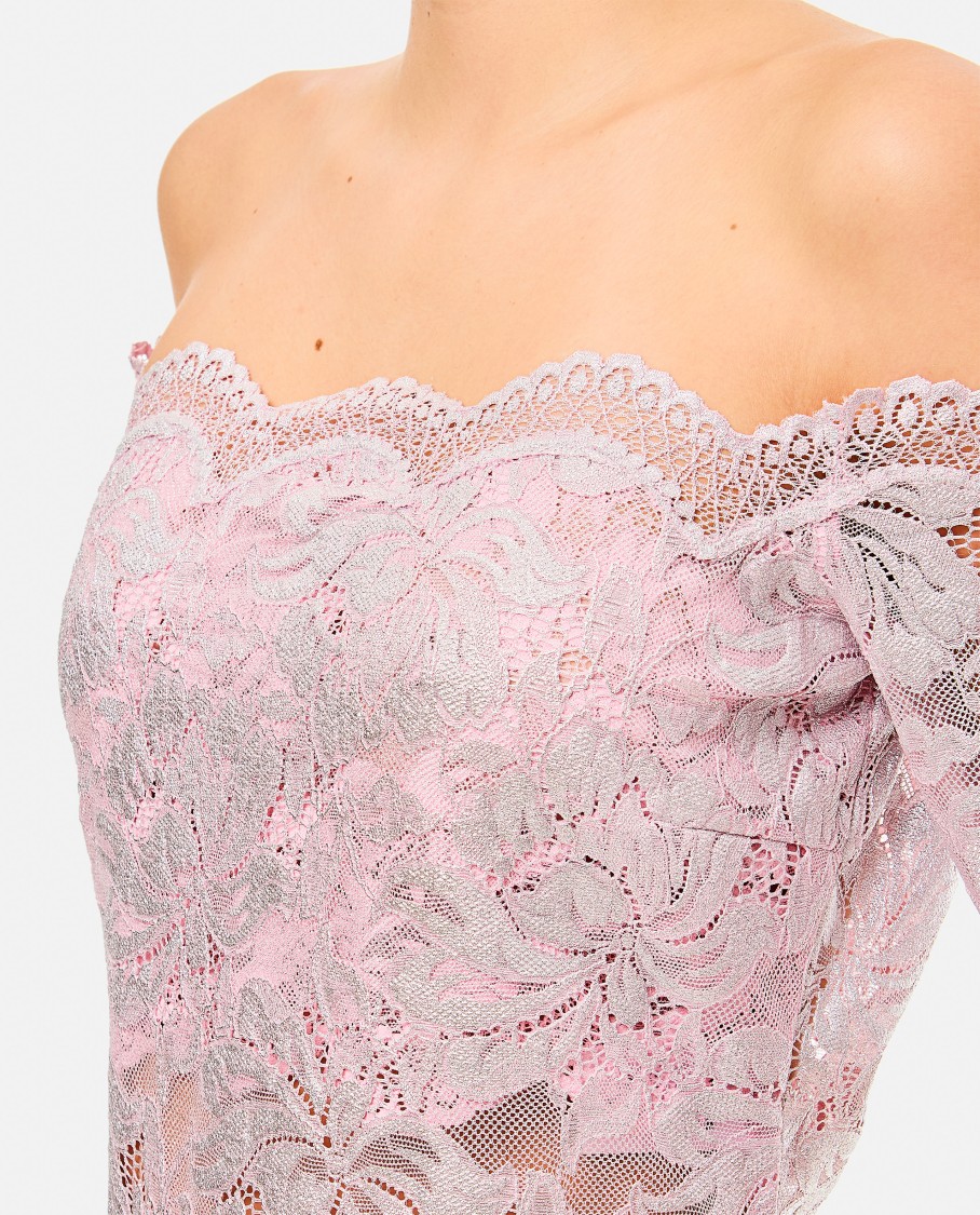 Rabanne Off-the-shoulder Lace Top With Floral Patterns In Purple