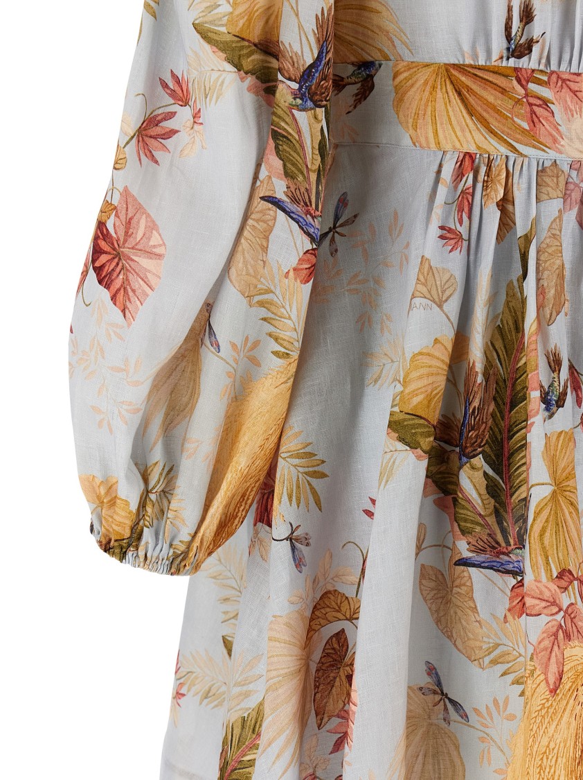 Zimmermann Ascension Plunge Printed Linen Dress In Gray