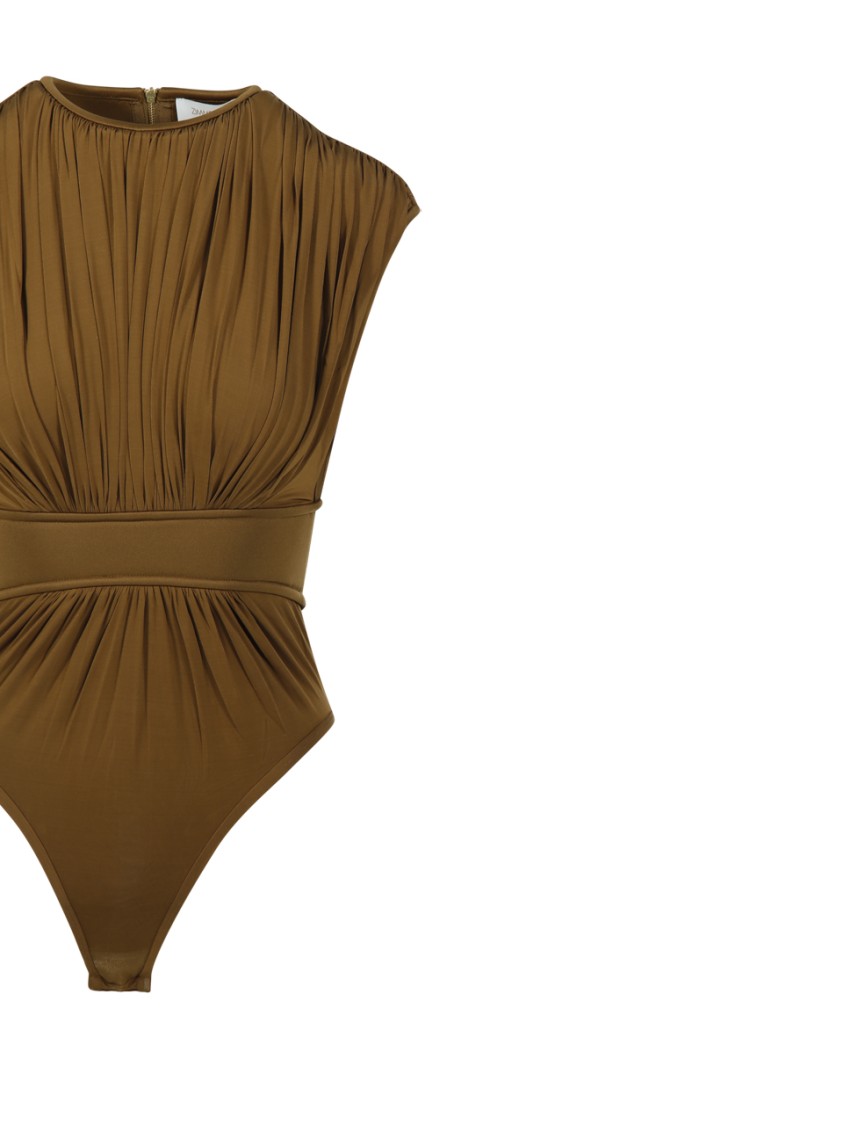 Zimmermann Silk Jersey Bodysuit With Gathered Detailing In Brown