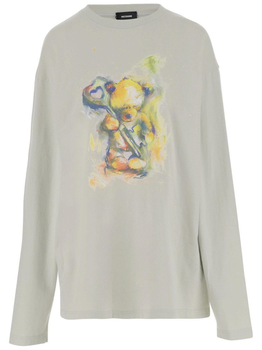 We11 Done Long-sleeved Cotton Sweater With Teddy Bear Print In Gray