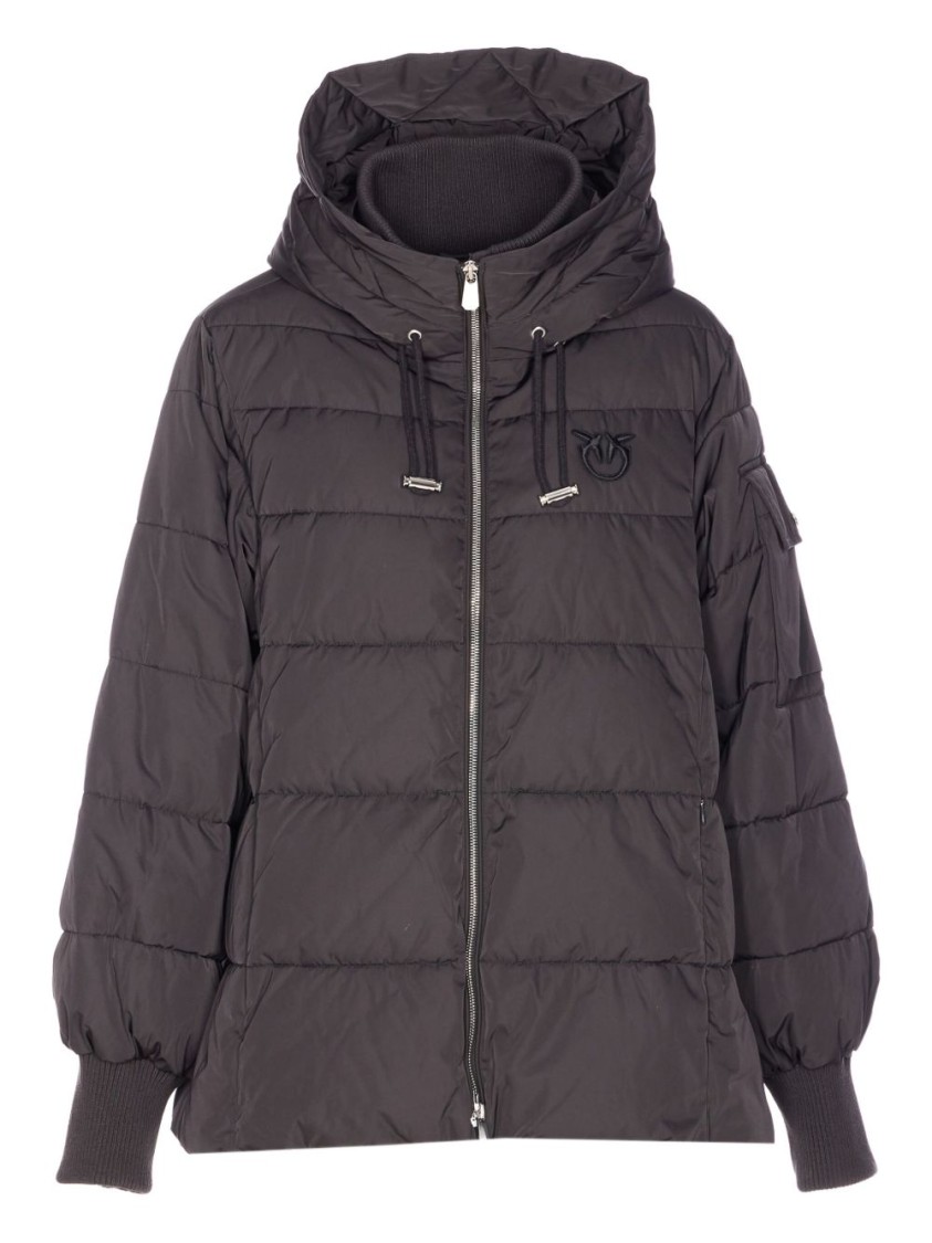Pinko Puffer Jacket With Hood And Horizontal Quilting In Brown
