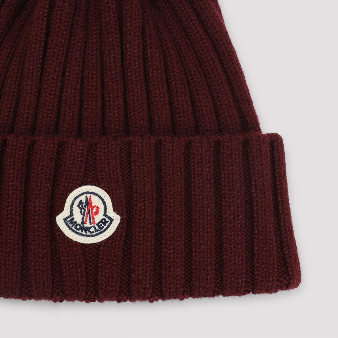 Moncler Ribbed Knit Hat With Fluffy Pom-pom In Red