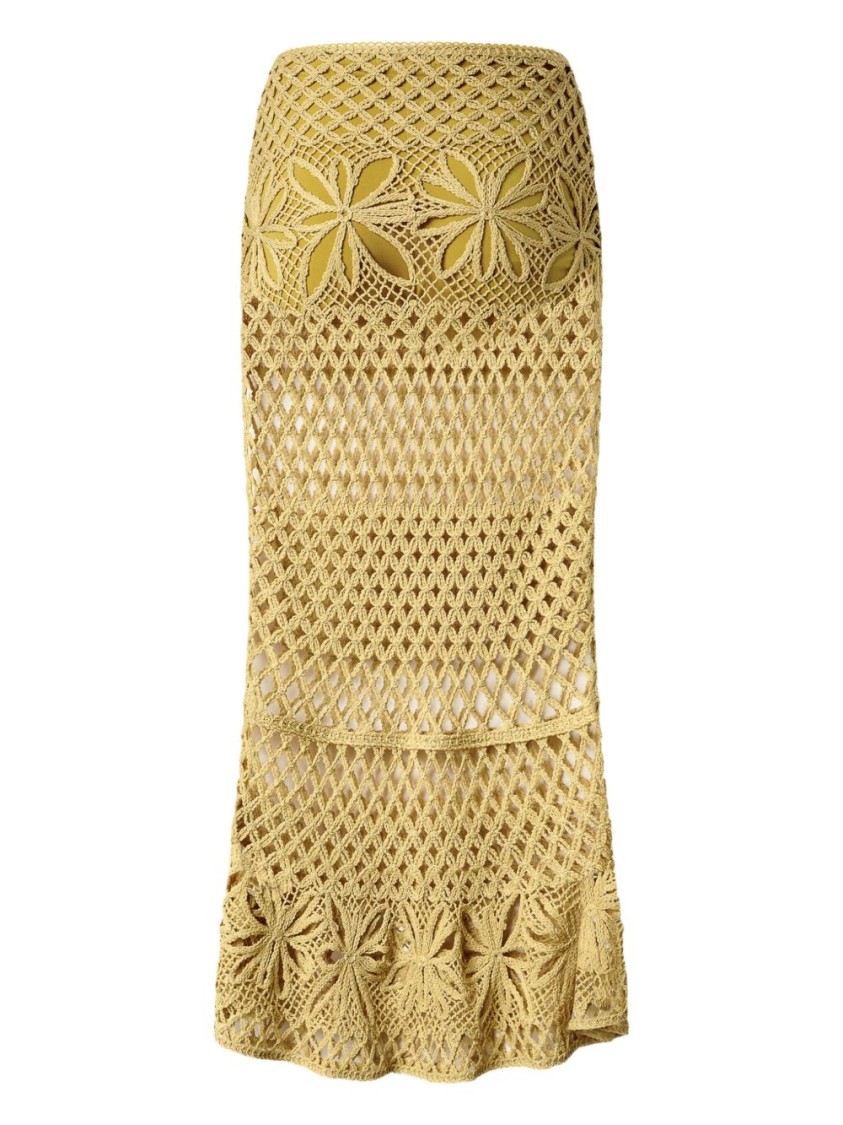 Pinko Long Crochet-effect Fitted Skirt With Floral Patterns In Orange