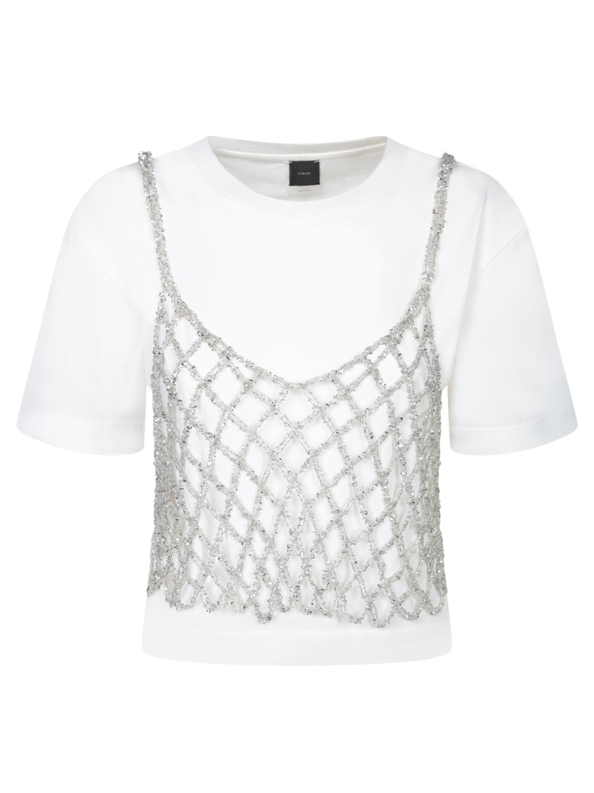 Shop Pinko Shimmering Crochet Net White T-shirt
