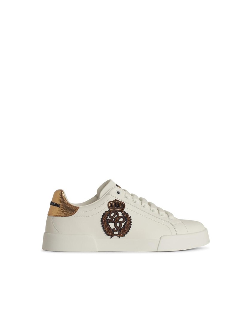 Dolce & Gabbana Iconic Leather Sneakers With Embroidered Crest And Luxurious Detailing In White