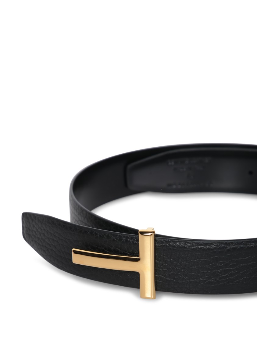 Tom Ford Textured Calf Leather Belt With Polished Gold Buckle In Black