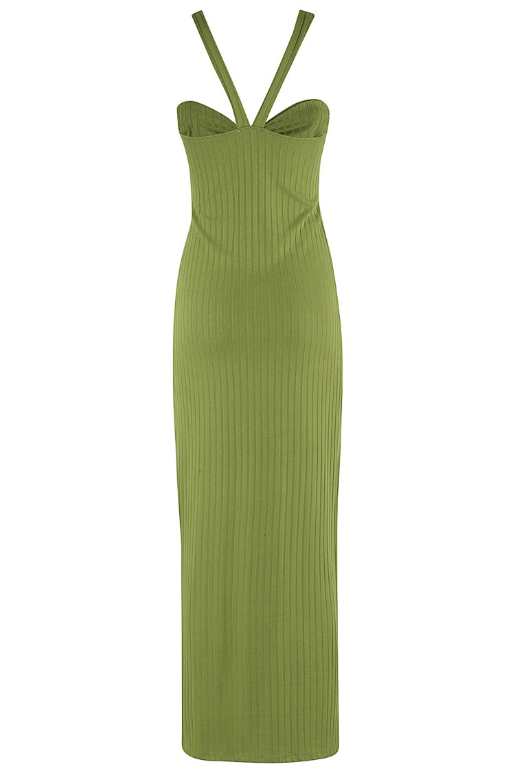 Shop La Semaine Paris Ribbed Jersey Midi Dress With Ruffle Accent And Horn Ring Detail In Green