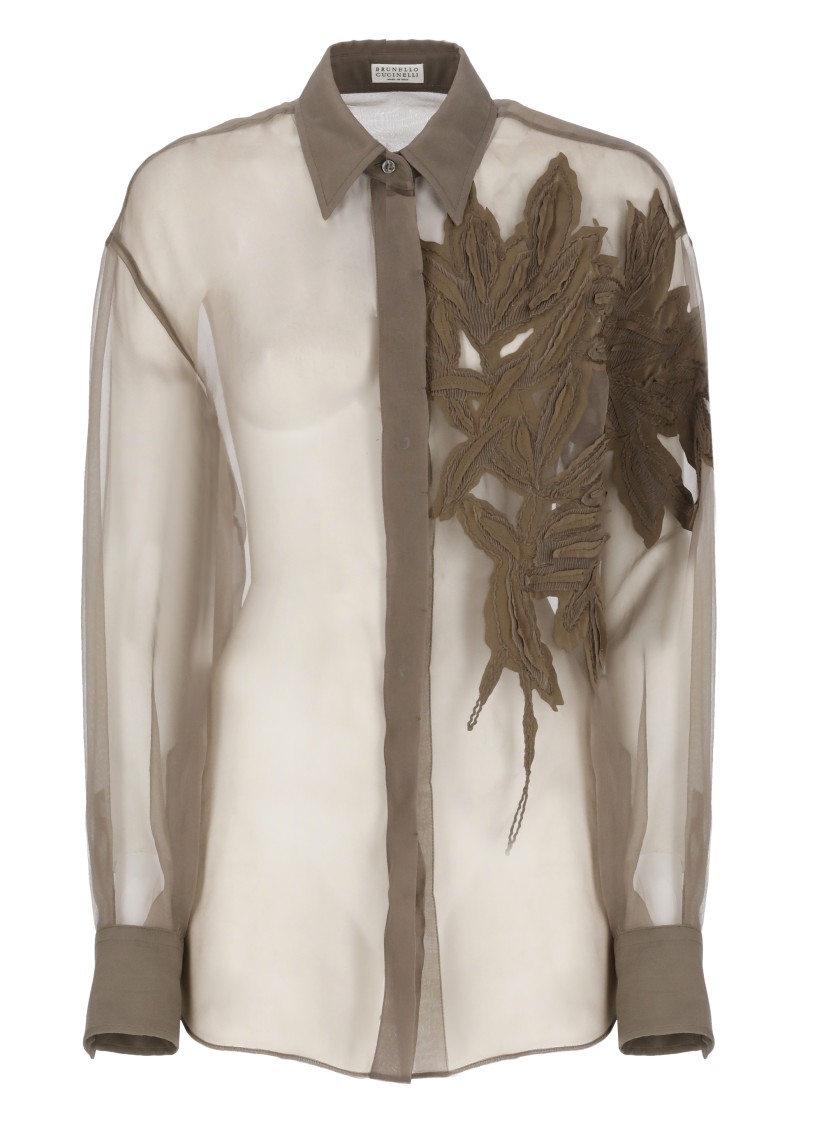 Brunello Cucinelli Brown Shirt With Semi-transparent Design And Embroidery On The Front In Silk Woman In Brown
