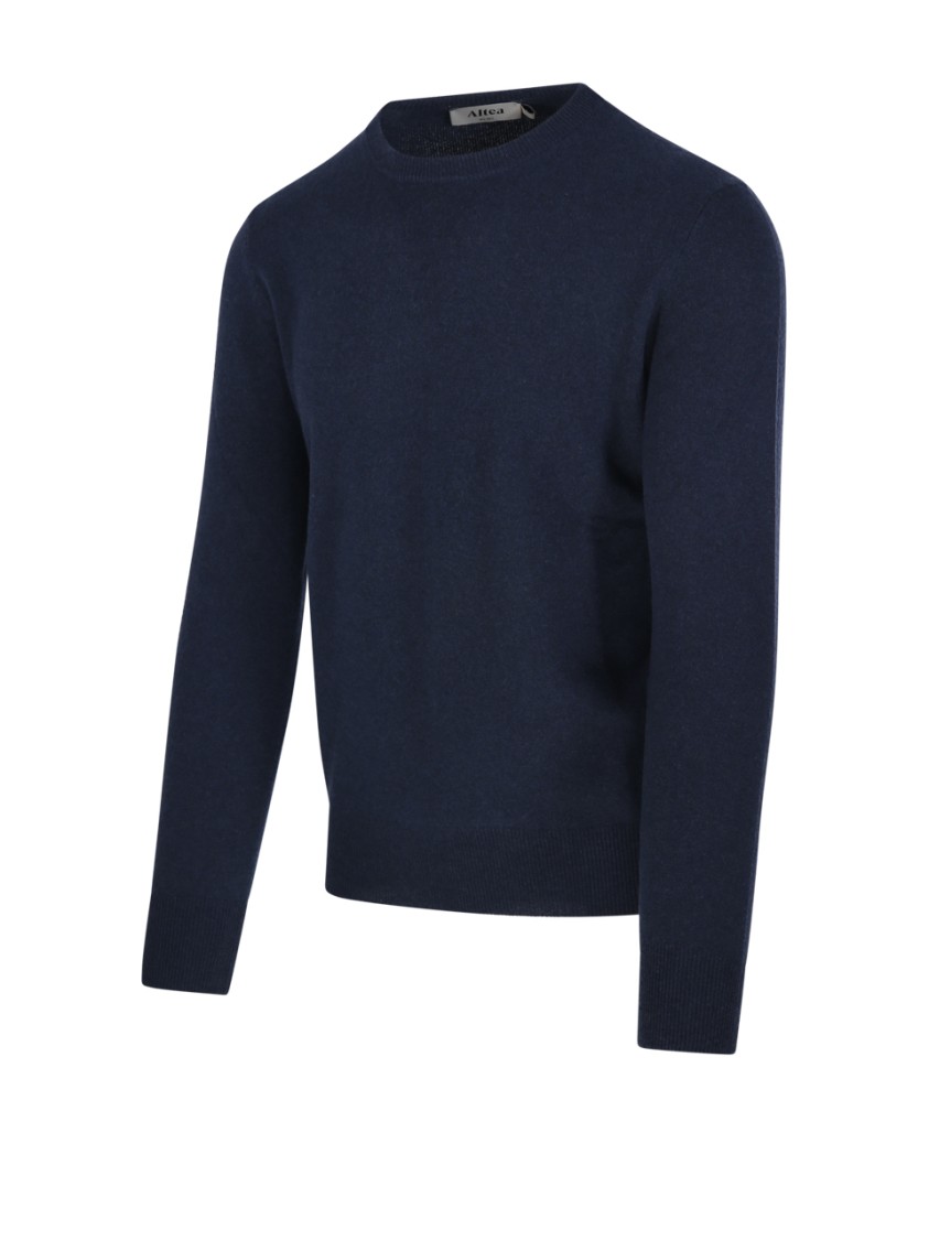 Altea Round Neck Cashmere Sweater With Ribbed Hem In Blue