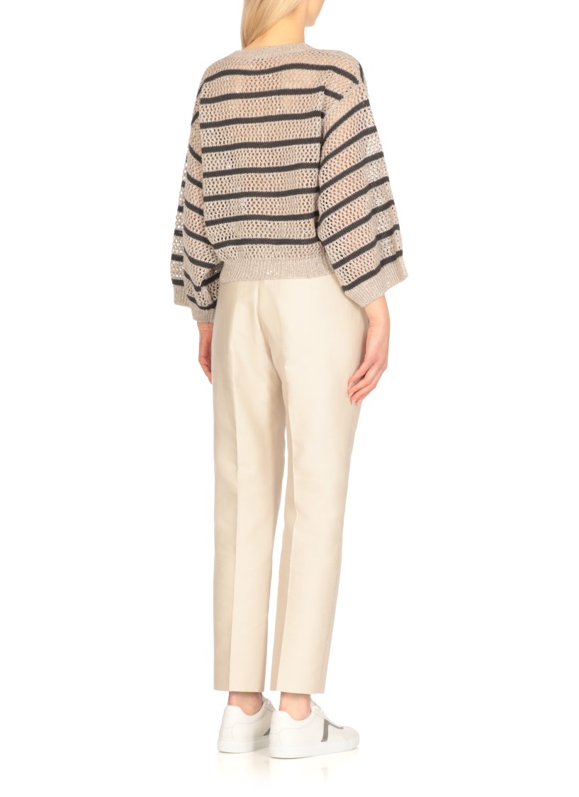 Brunello Cucinelli Beige Striped Linen And Cotton Sweater