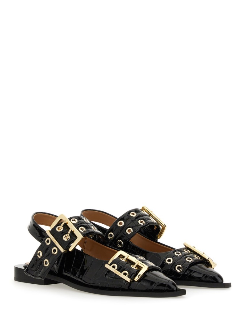 Ganni Buckle Ballerina Crocodile-effect Slingback Flats In Black