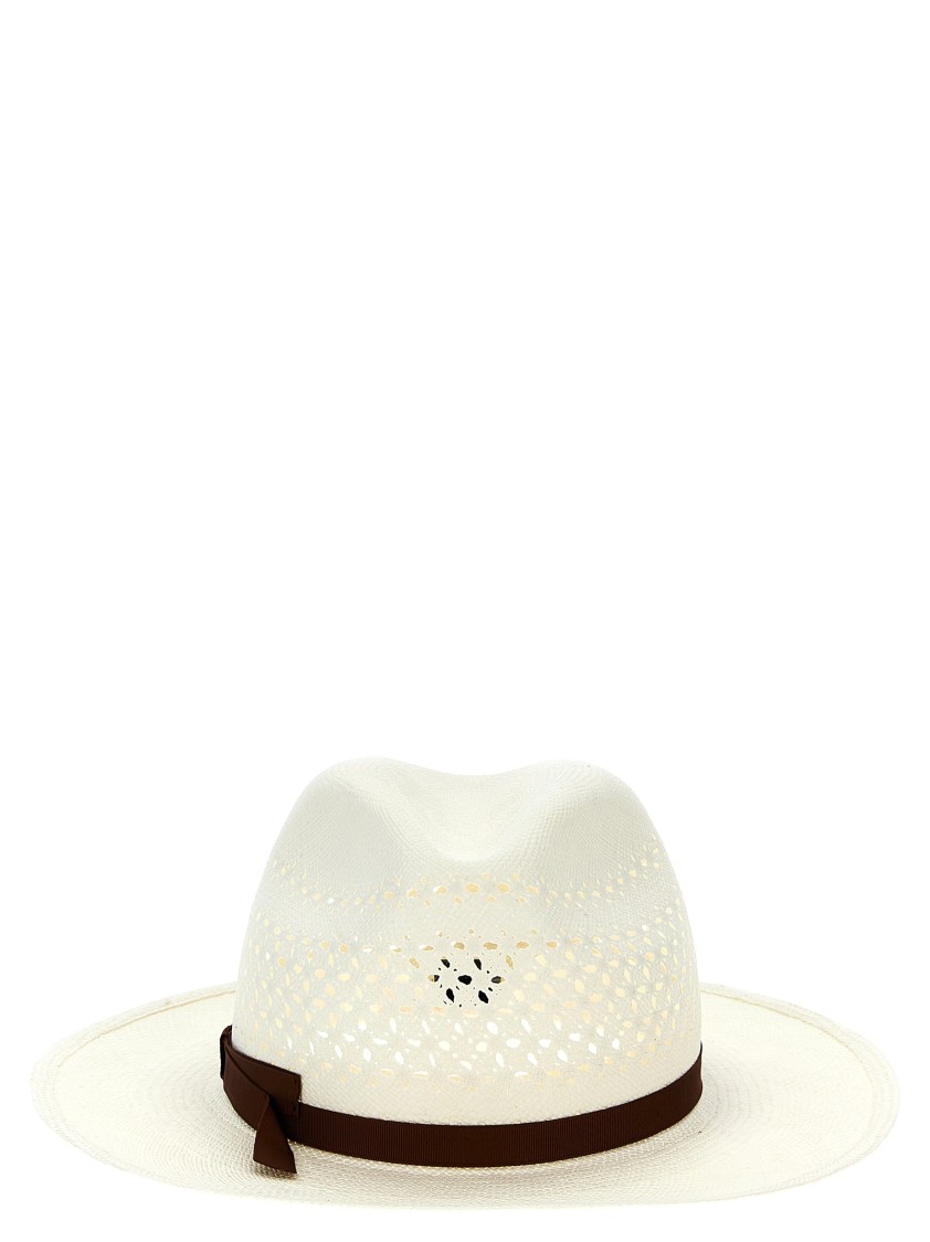 Borsalino 'medea' Perforated Ribbon Band Wide Brim Hat In Neutral