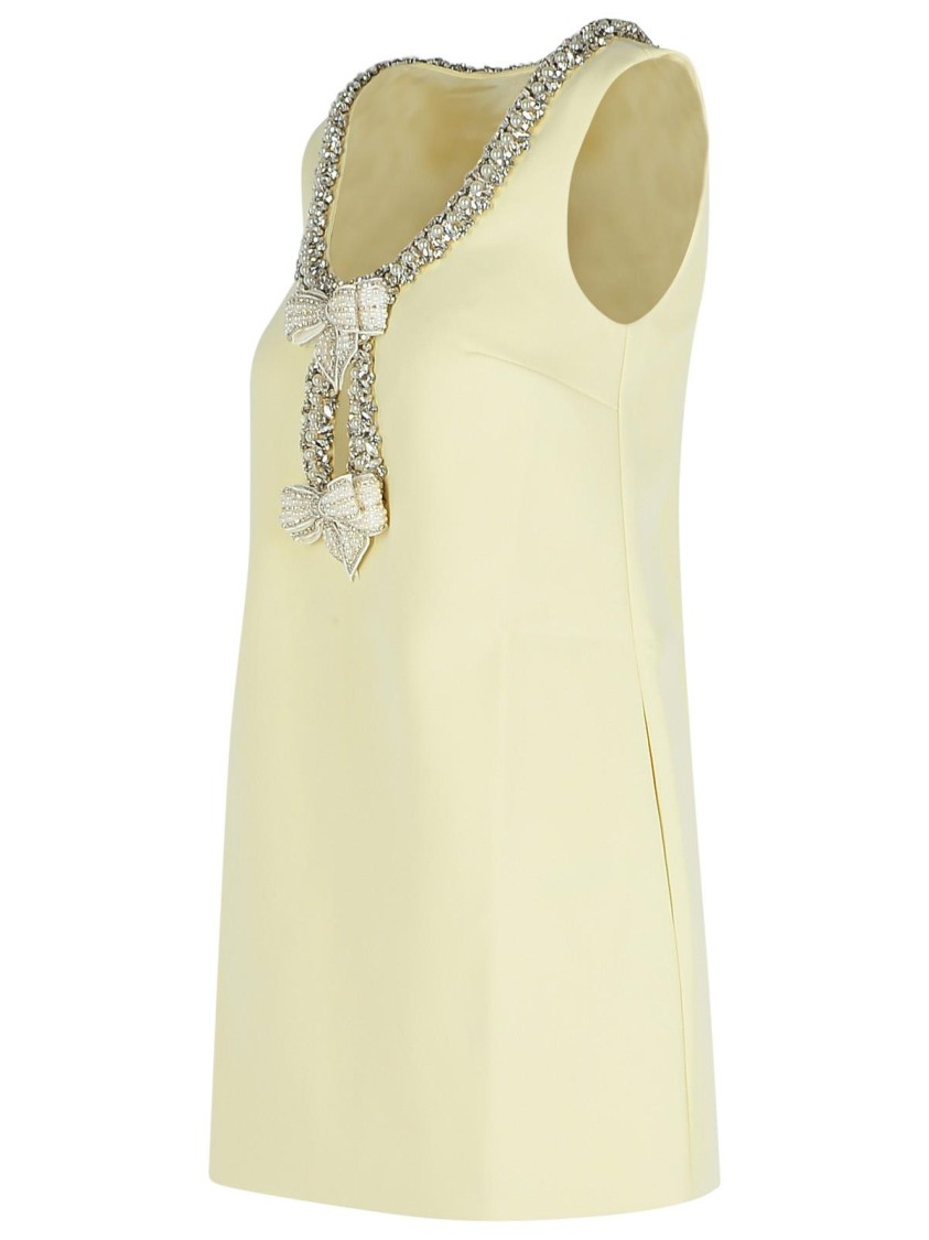 Self-portrait Yellow Crewneck Mini Dress With Jewel Embellishment On The Collar And Bow Detail On The Front In Tec In Nude