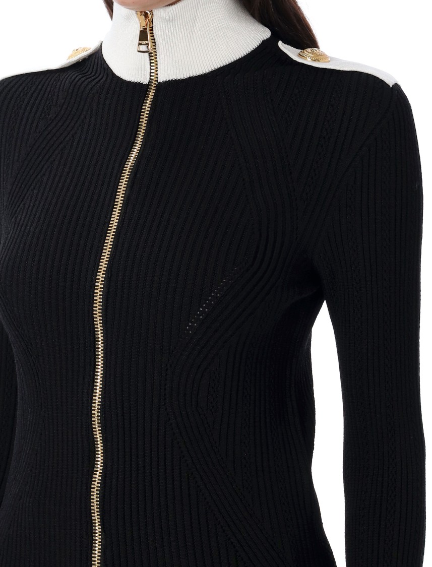 Balmain Two-tone Openwork And Ribbed Knit Cardigan In Black