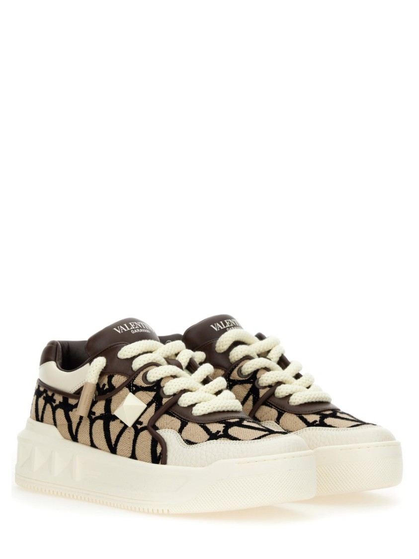Valentino Garavani One Stud Xl Low-top Trainer In Nappa Leather And Toile Iconographe Fabric