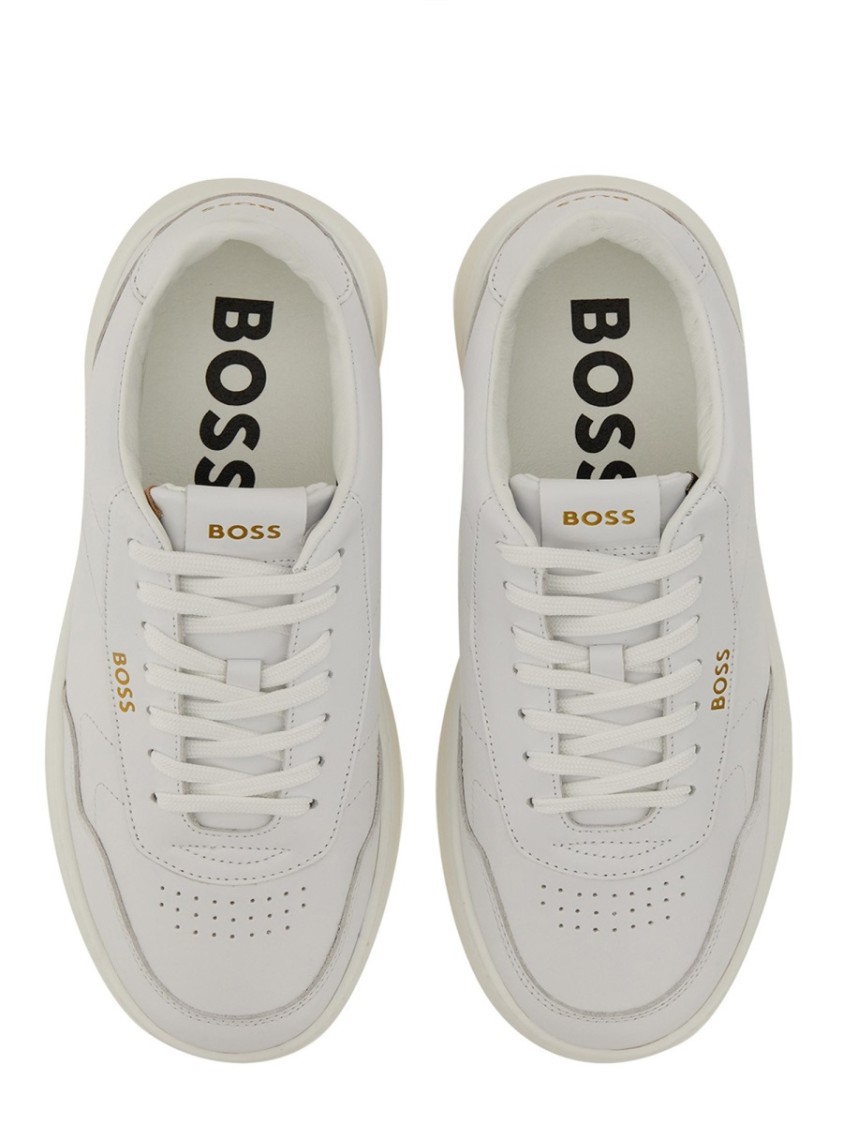 Hugo Boss Gary Tenn Mens Leather Low-top Trainers With Branded Lace Loop Nos In White