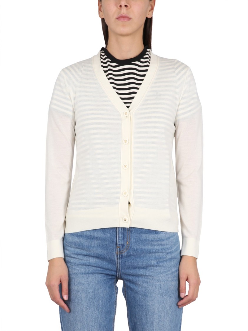 Tory Burch 'simone' Wool And Silk Cardigan In White