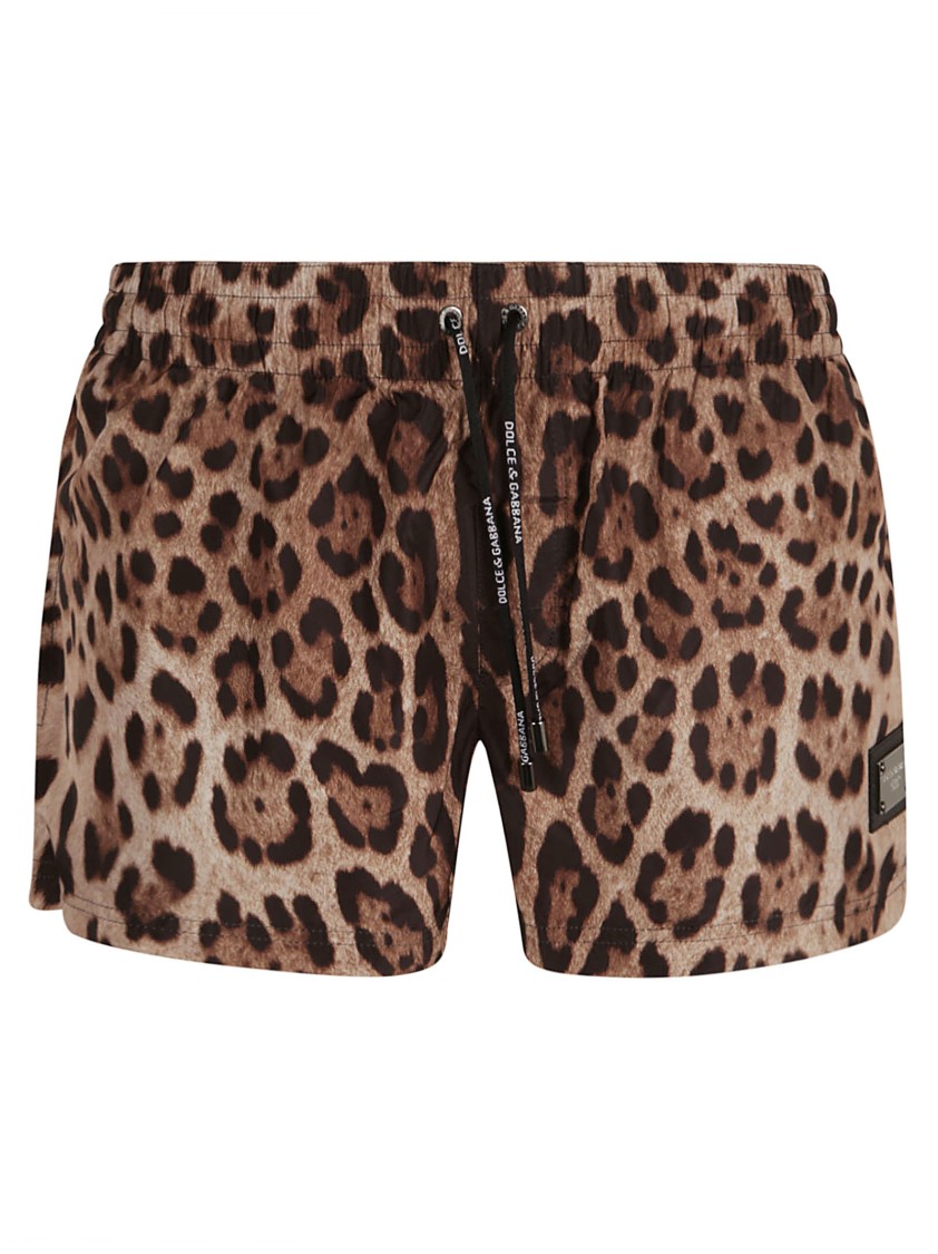 Dolce & Gabbana Short Swim Trunks With Leopard Print In Brown