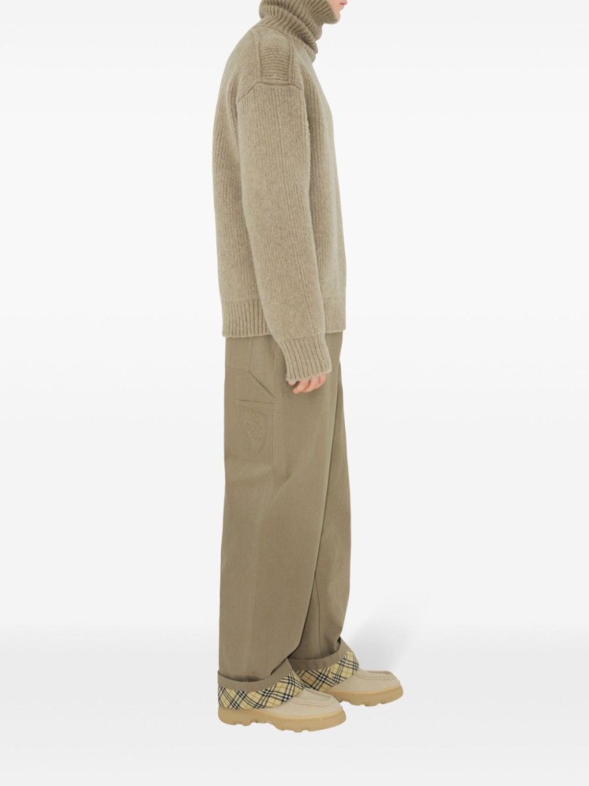 Burberry Beige Pants With Logo Embroidery On The Side And Turn-up Checked Hem In Cotton Man In Neutrals