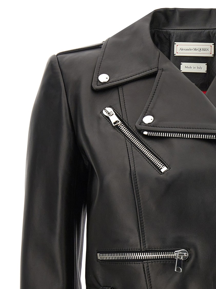 Alexander Mcqueen Mcqueen Cropped Leather Jacket With Off-center Zip Closure In Black