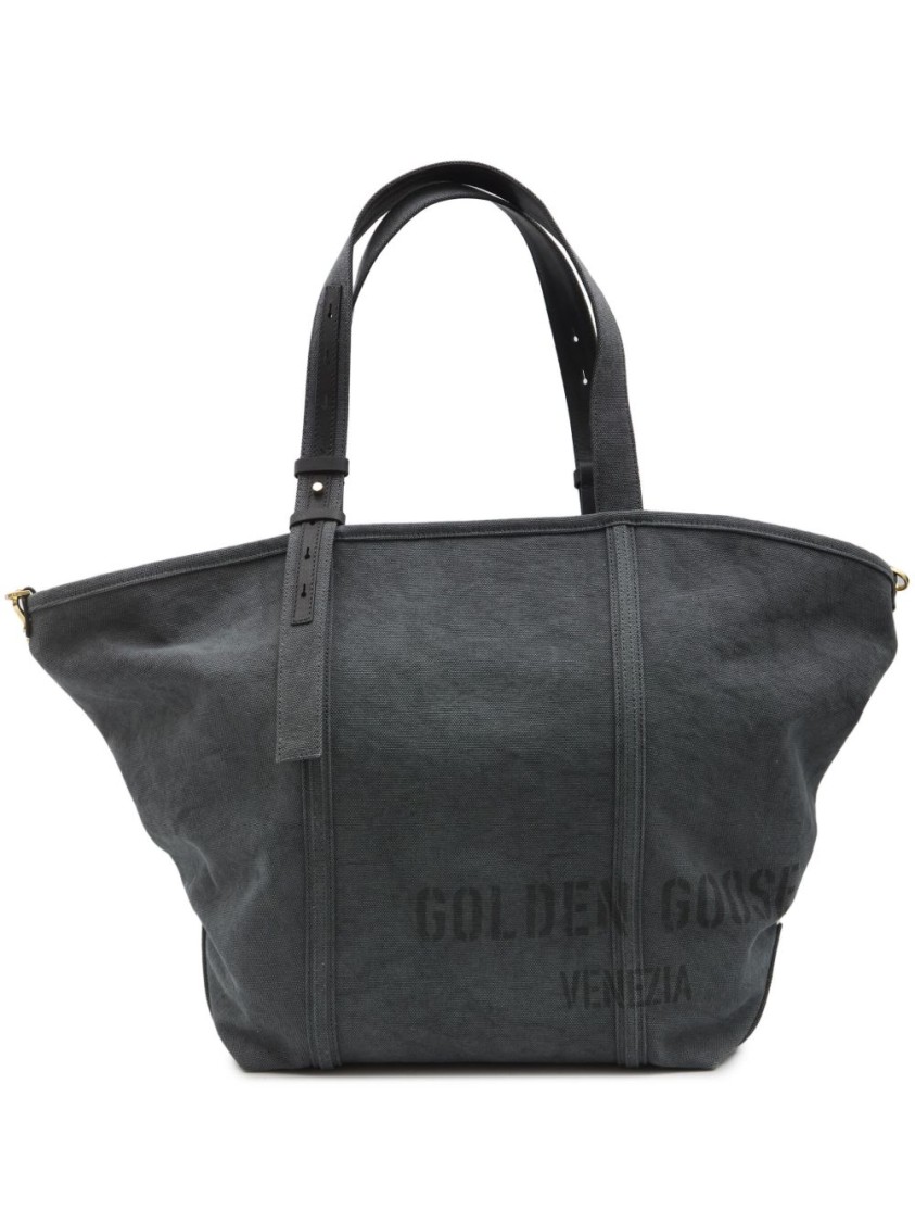 Golden Goose Textured Grey Cotton Tote Bag In Black