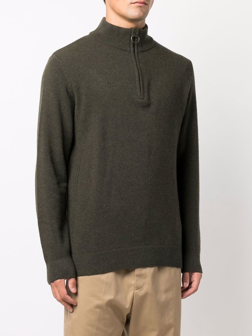 Barbour Khaki-green Wool Half-zip Sweater With Ribbed Edges And Elbow Patches In Black