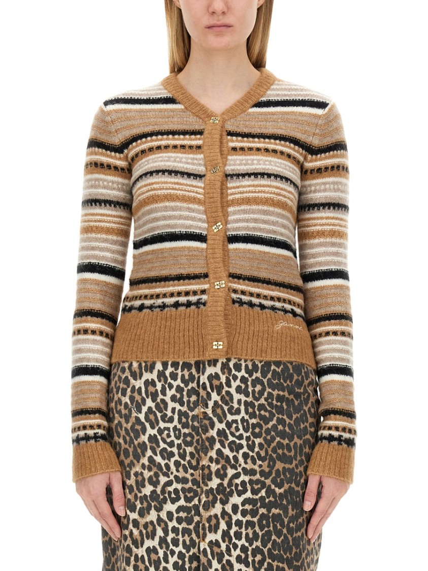 Ganni Multicolor Striped Cardigan With Logo Embroidery In Wool Woman In Multicolor