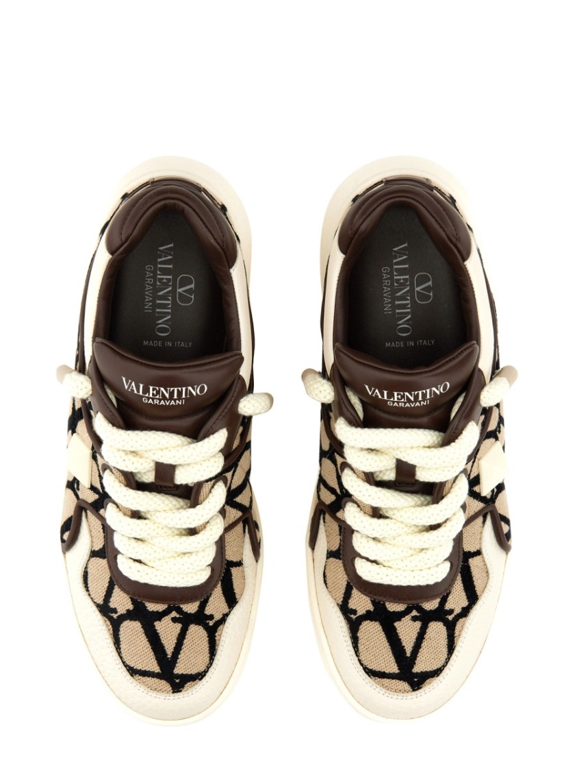 Valentino Garavani One Stud Xl Low-top Trainer In Nappa Leather And Toile Iconographe Fabric