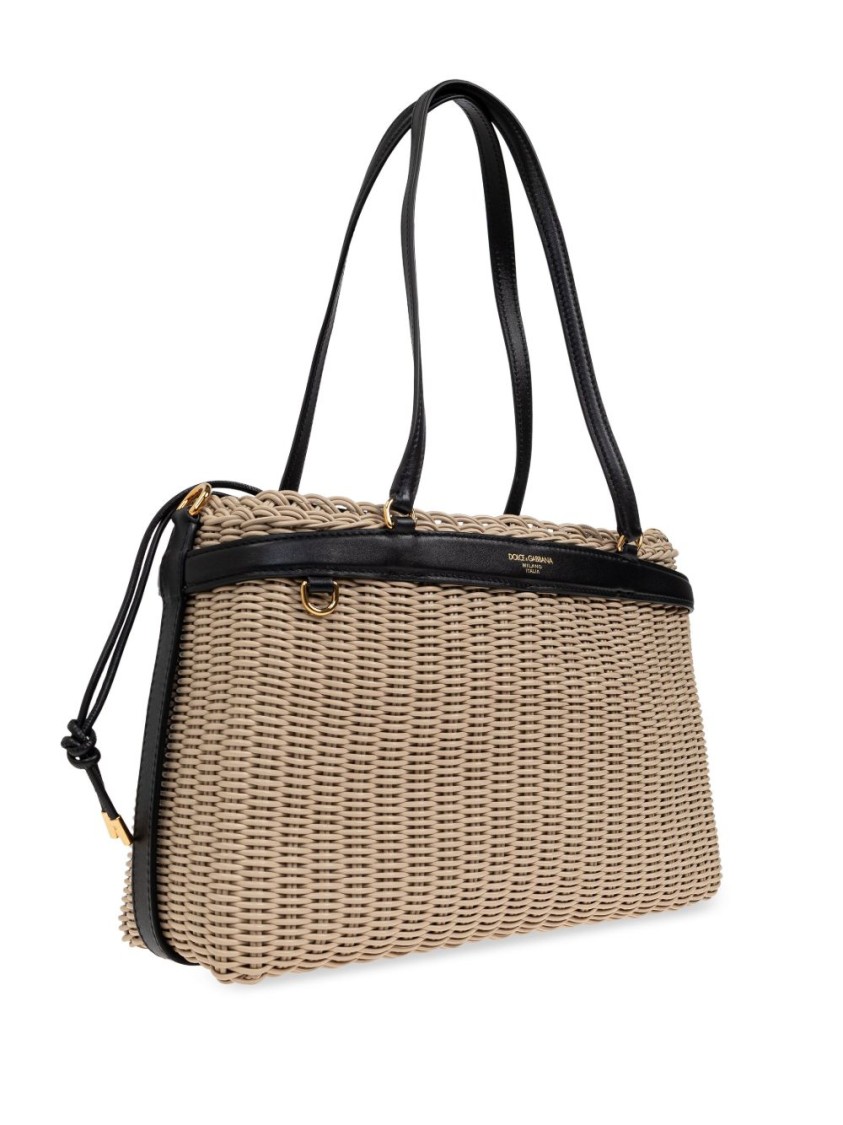 Dolce & Gabbana Woven Structured Handbag With Black Leather Accents In Neutrals